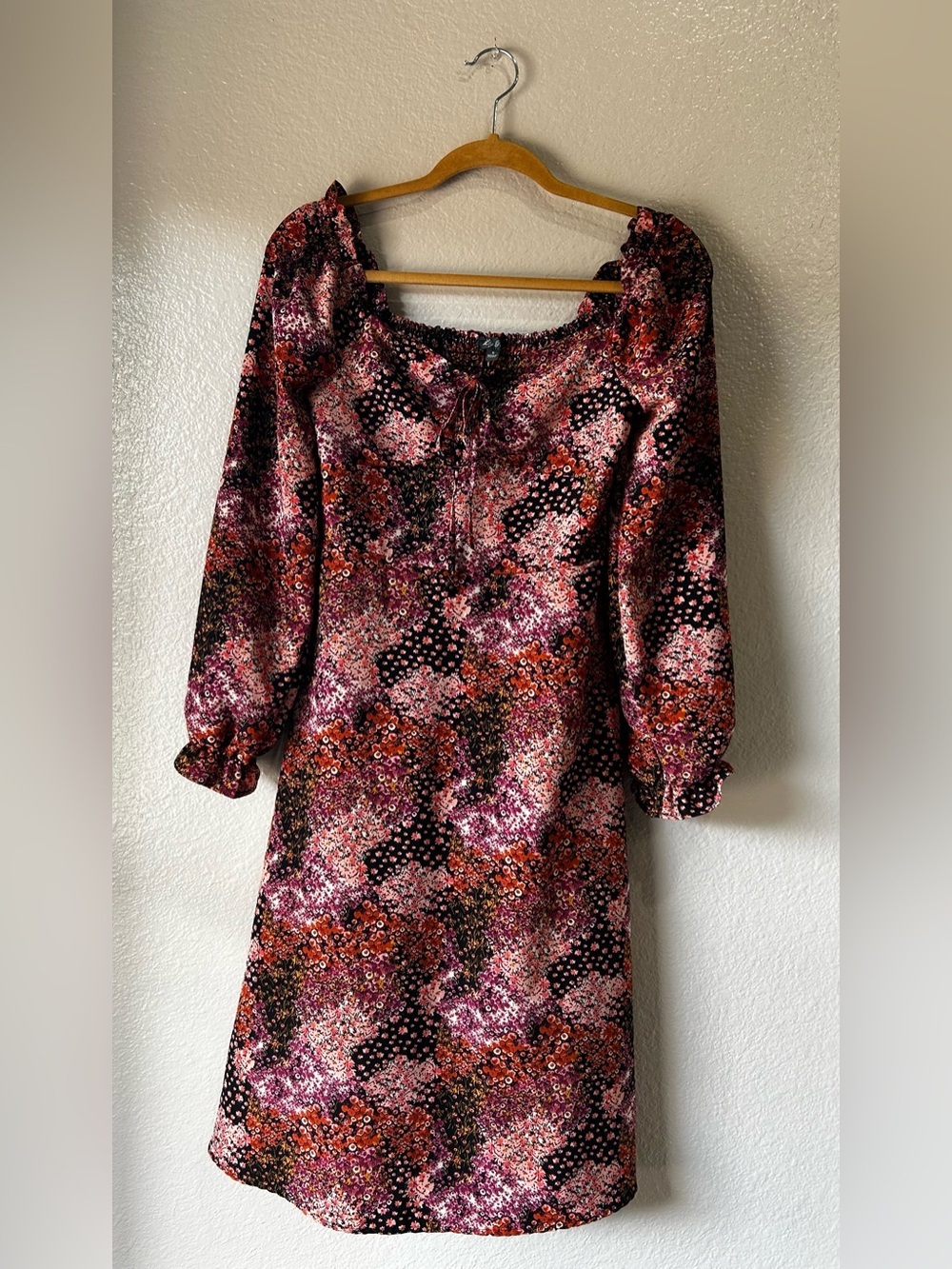 Lily Rose Pink Black Floral Puff-Sleeve Midi Dress Sz S Flowy Lightweight